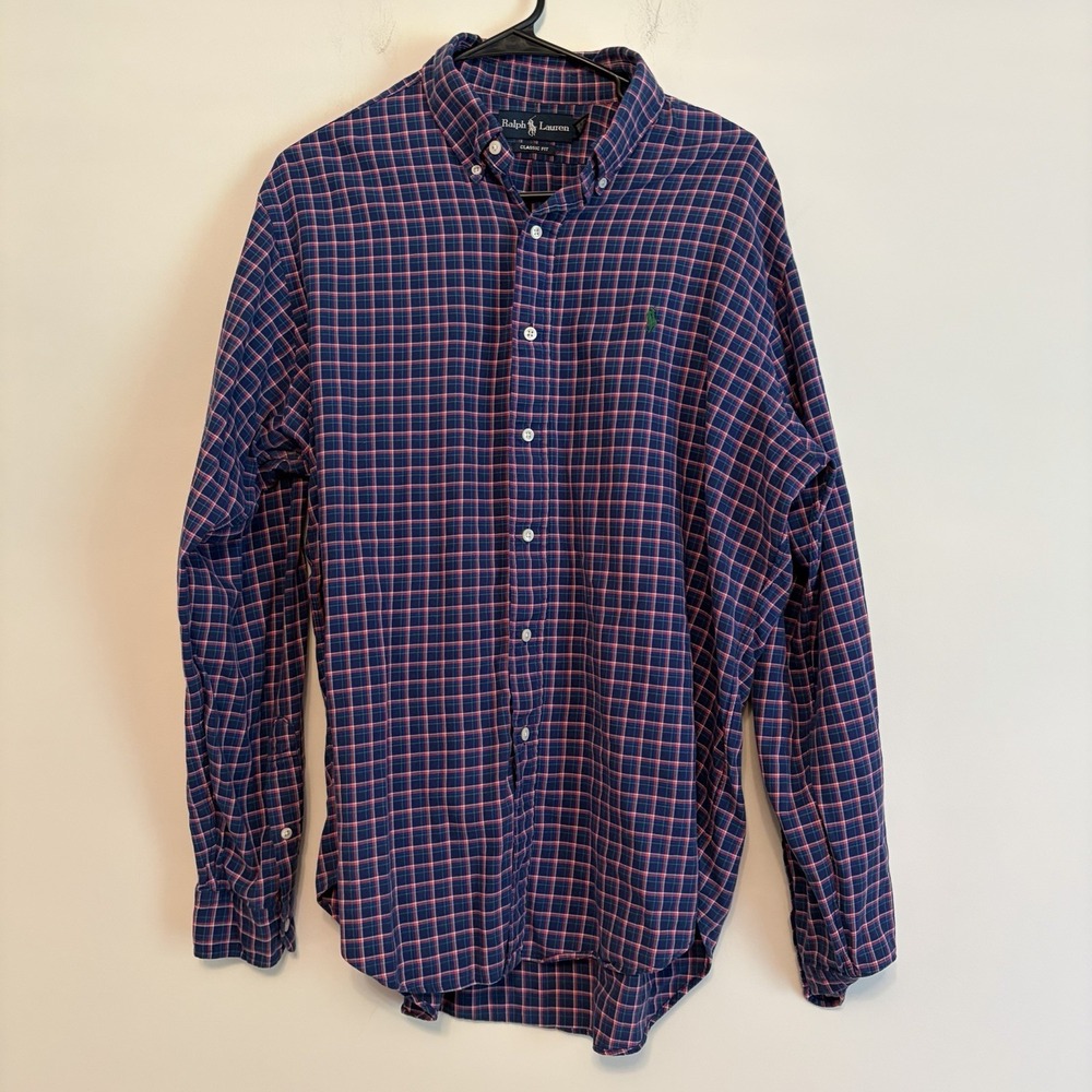 Ralph Lauren Classic Fit Shirt Large Blue Plaid  Checked Long Sleeve Button Down